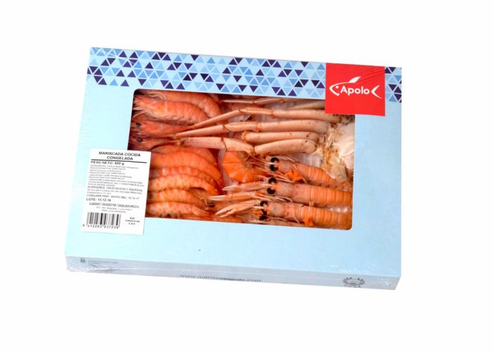 Mariscada cocida Apolo, cigalas, cangrejo rojo, langostinos tigre y langostino